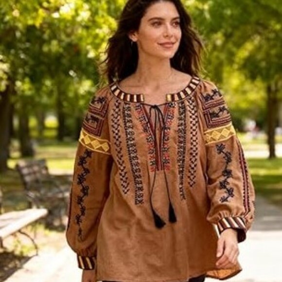 Embroidered Brown Boho Peasant Blouse - Picture 1 of 6